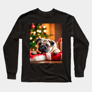 Pug Dog by Christmas Tree with Gifts Long Sleeve T-Shirt